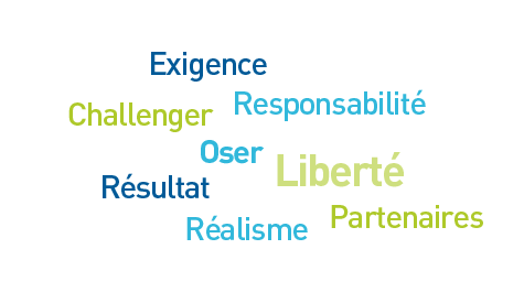 Exigence | Responsabilité | Challenger | Oser | Liberté | Résultat | Réalisme | Partenaires