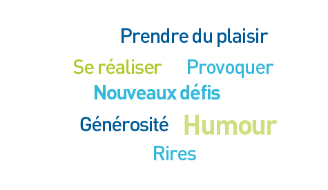 Prendre du plaisir | Provoquer | Se réaliser | Nouveaux défis | Humour | Générosité | Rires